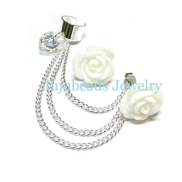 White Rose Swarovski Chain Ear Cuff
